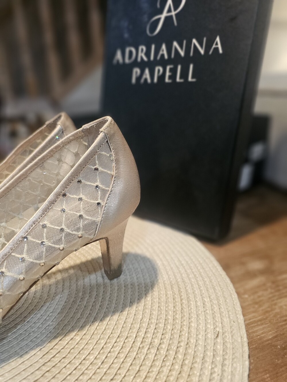 Adrianna Papell Jamie Pump Peep Toe Heels W Rhinestones Champagne Size 9.5 - Picture 6 of 10